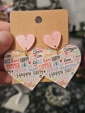 Pink Heart Dangle Earrings with Colorful Word Collage